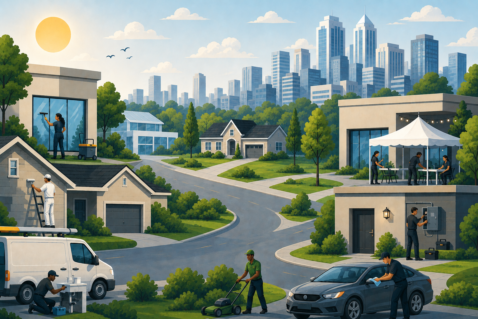 Illustrated neighborhood of service pros at work — painting, cleaning, lawn care, repairs, and events