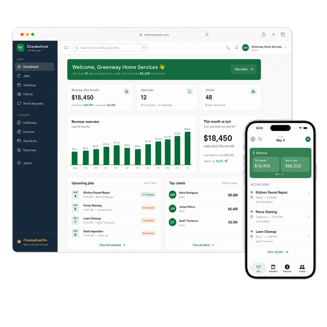 ChambaDesk dashboard on desktop with the mobile app alongside